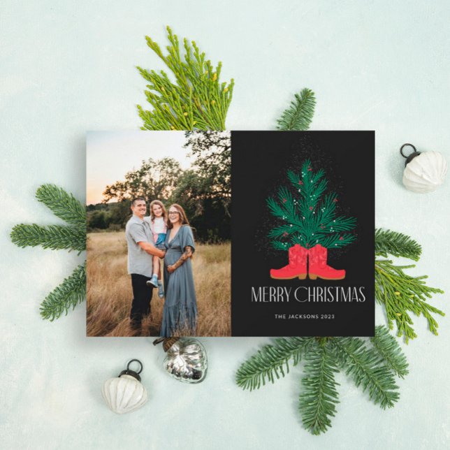 Red Cowboy Boots and Spruce Merry Christmas Holiday Card (Creator Uploaded)