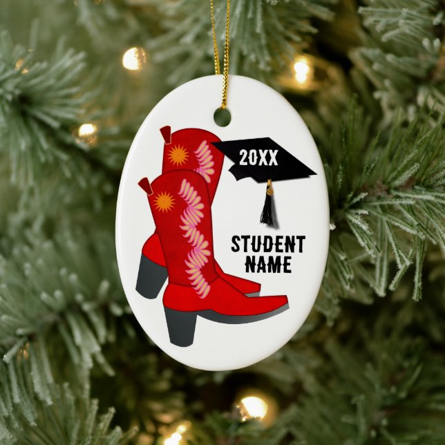 Red Cowboy Boots Graduation Ceramic Ornament (Tree)