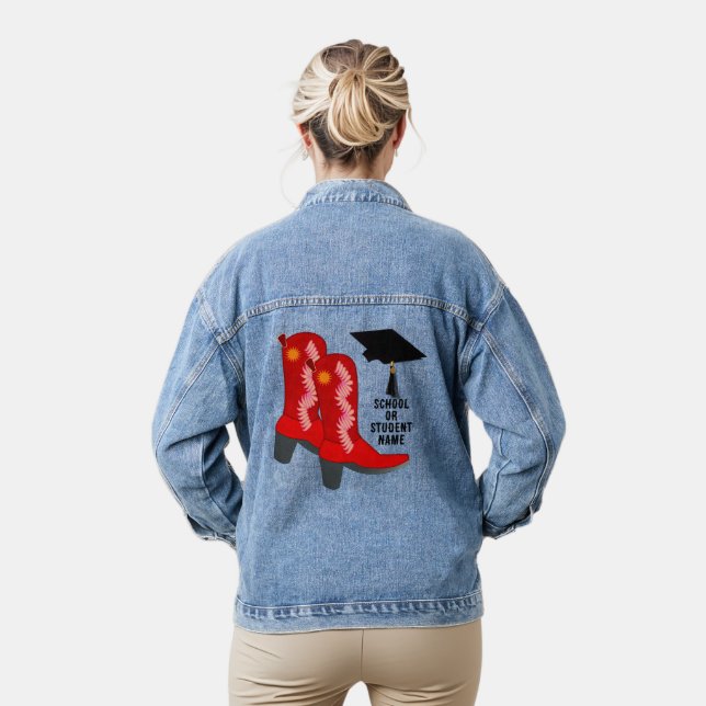 Red Cowboy Boots Graduation Denim Jacket (Model)