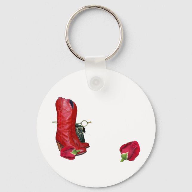 Red Cowboy Boots, Red Roses, Pug Dog & Scissors Keychain (Front)