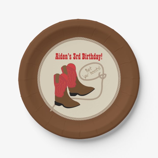 Red Cowboy Boots Western Birthday Party Paper Plates (Front)