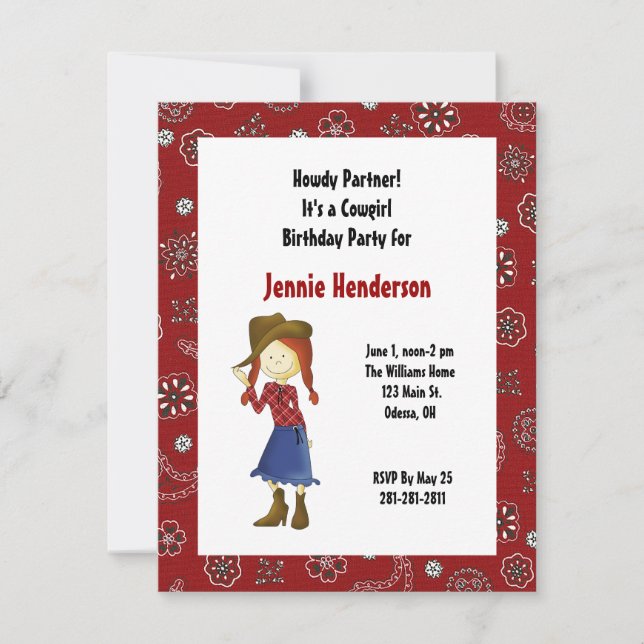 Red Cowgirl Birthday Invitation (Front)