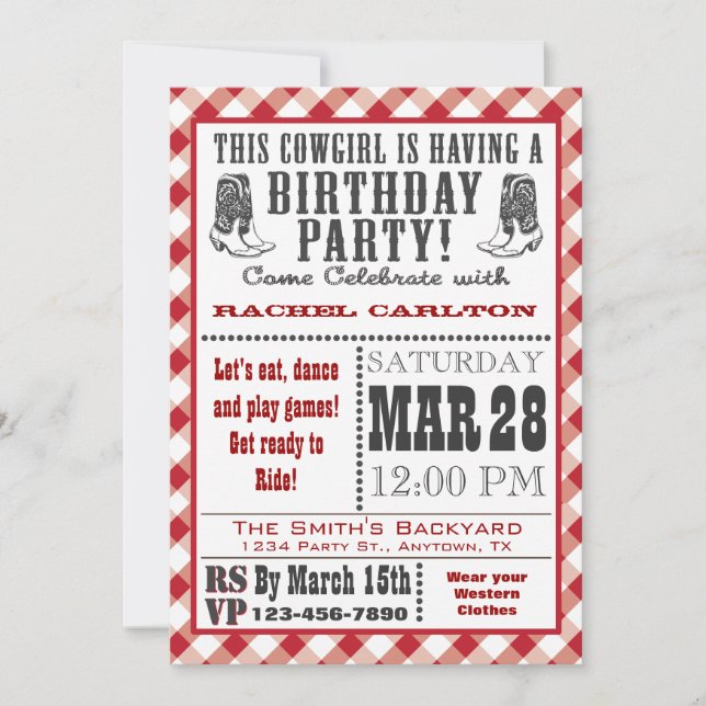 Red Cowgirl Birthday Invitation (Front)