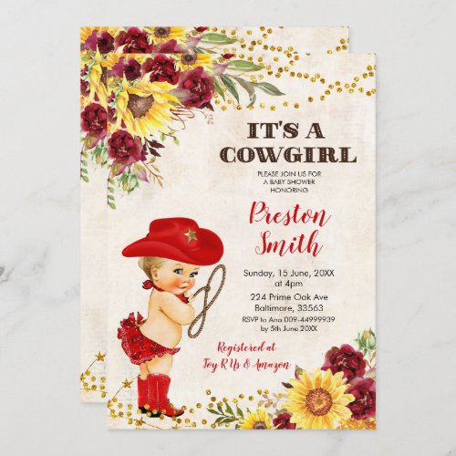 Red Cowgirl Blonde Rose and Sunflower Baby Shower  Invitation