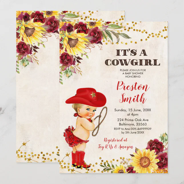 Red Cowgirl Blonde Rose and Sunflower Baby Shower Invitation Zazzle