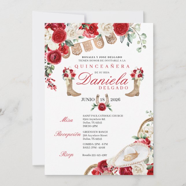 Red Cowgirl Boots & Ropes Mariachi Quinceañera Invitation (Front)