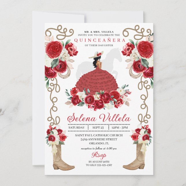 Red Cowgirl Princess Horse Charro Quinceañera Invitation (Front)