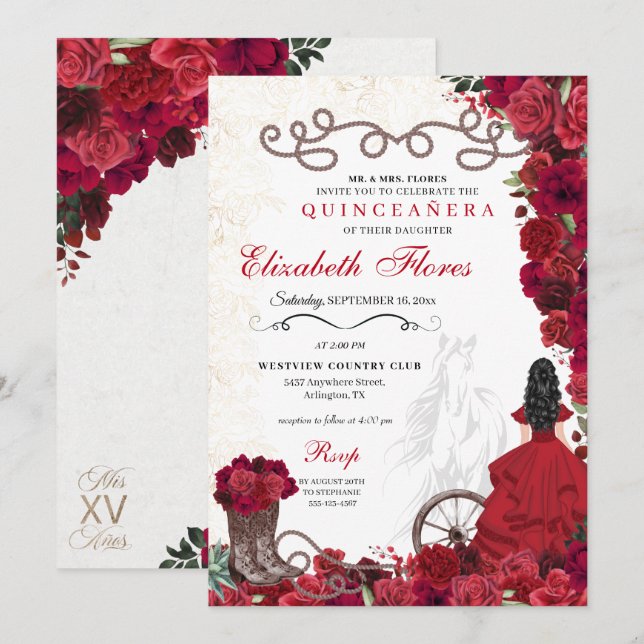 Red Cowgirl Ranchero Western Quinceanera Invitation (Front/Back)