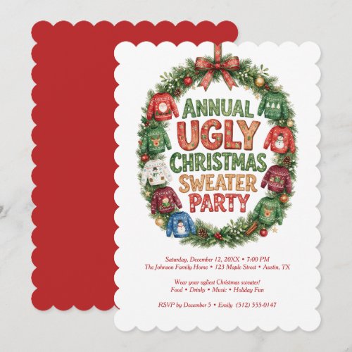 Red Cozy Funny Sweater Wreath Holiday Party TMF26 Invitation