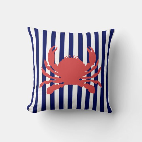 Red Crab and Navy Stripe Throw Pillow