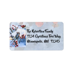 Red Crab Apple Berries in Snow~Watercolor Holiday Label