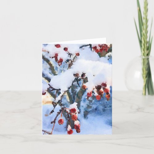 Red Crab Apple Berries in SnowWatercolor Holiday Thank You Card