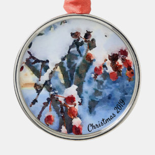 Red Crab Apple Berries in Snow Watercolor Metal Ornament