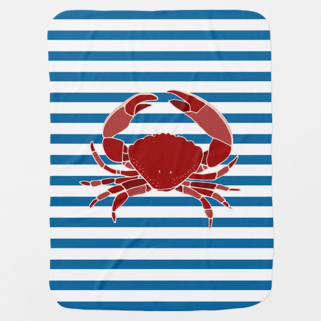 Red Crab Blue and White Horizontal Stripe Baby Blanket (Front)