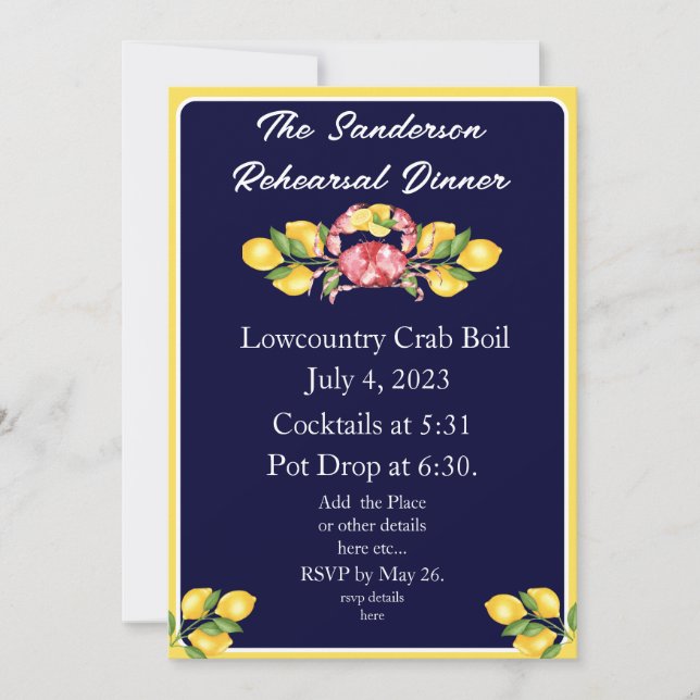 Red Crab Boil Invitation White Navy Blue Yellow (Front)