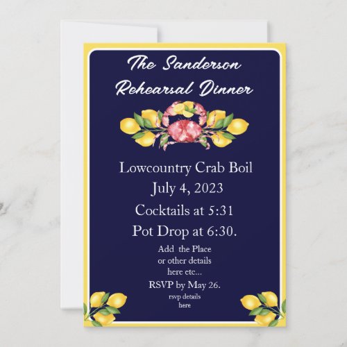 Red Crab Boil Invitation White Navy Blue Yellow