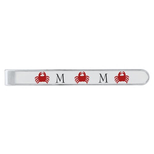 Red Crab Design Monogrammed Silver Finish Tie Bar