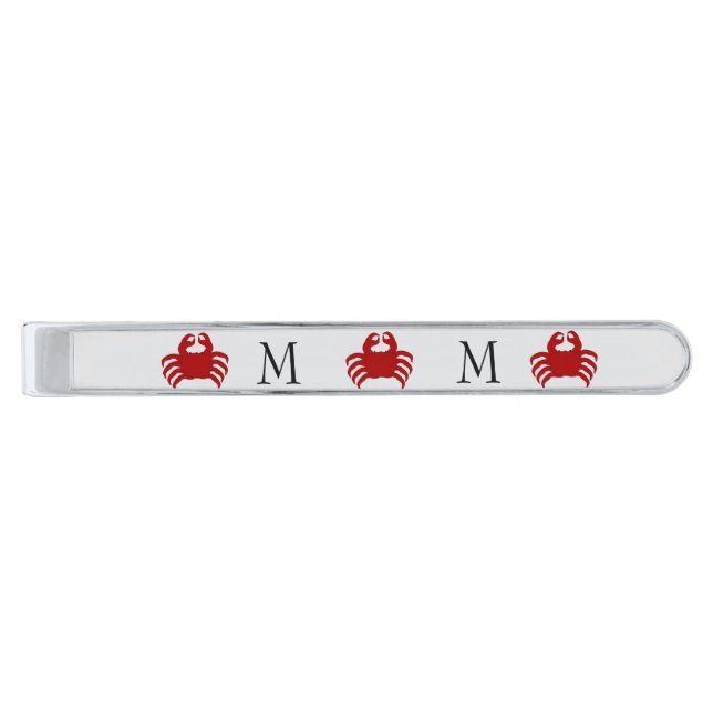 Red Crab Design Monogrammed Silver Finish Tie Bar (Front)