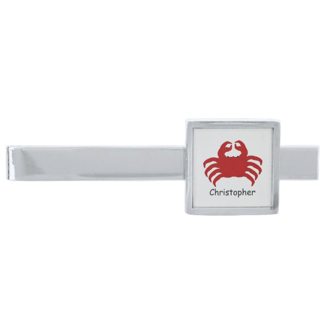 Red Crab Design Personalised Silver Finish Tie Bar (Front)