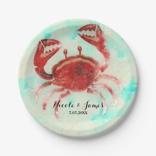 Red Crab Elegant Beach Party Engagement Custom Paper Plates (Front)