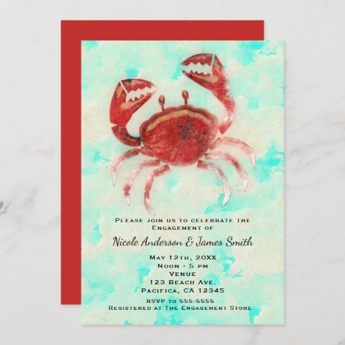 Red Crab Elegant Beach Party Engagement Shower Invitation