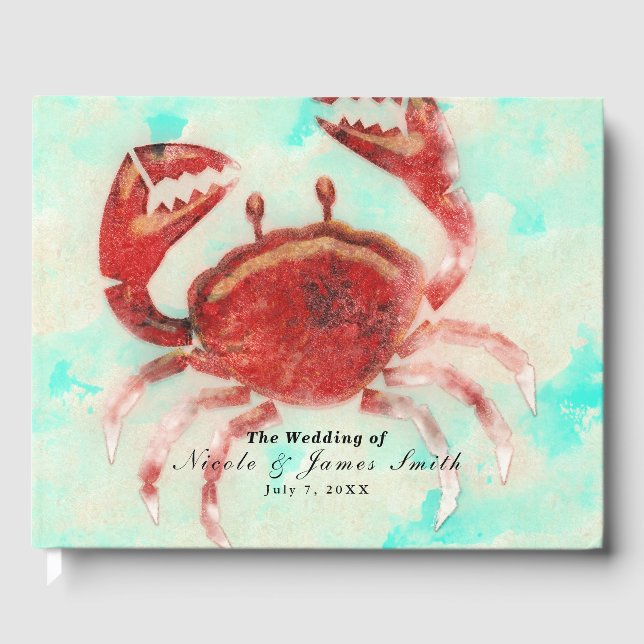 Red Crab Elegant Beach Personalized Wedding Party Guest Book (Front)