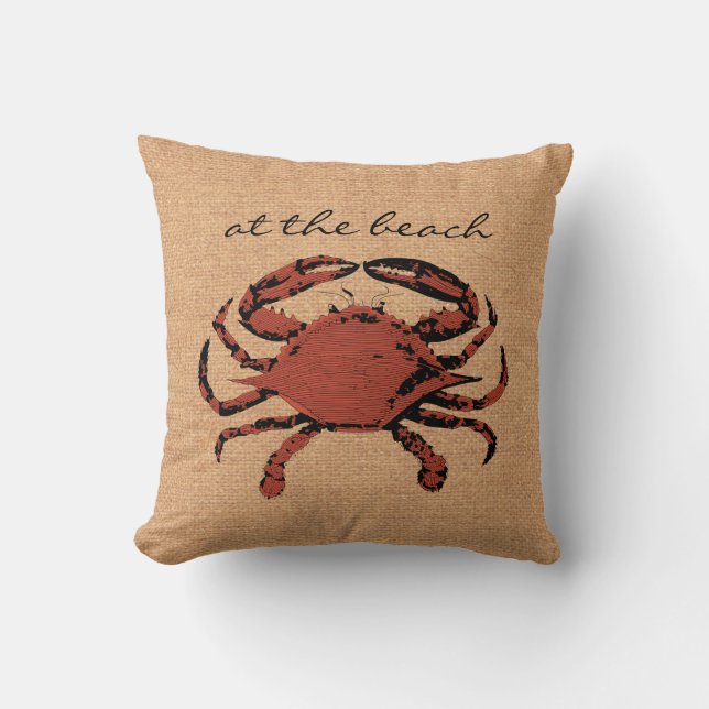Red Crab Illustration - Nautical Burlap Beach Home Throw Pillow (Front)