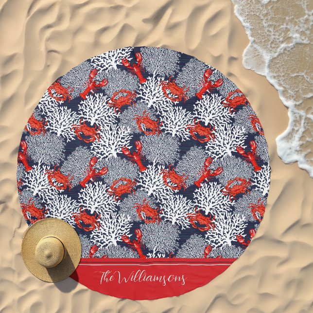 Red Crab Lobster Coral Pattern Navy Personalized Beach Towel (Beach)