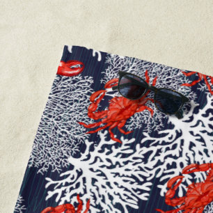 Red Crab Lobster Coral Pattern Navy Personalized Beach Towel