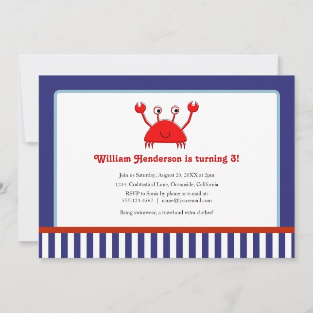 Red Crab Nautical Birthday Invitations (Front)