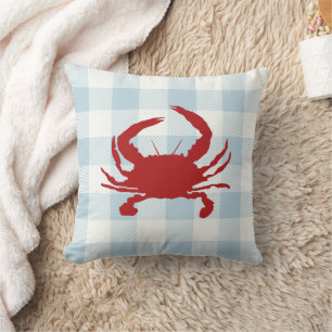 Red Crab Nautical Blue Gingham Check Throw Pillow