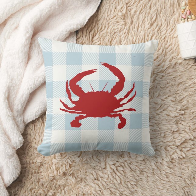 Red Crab Nautical Blue Gingham Check Throw Pillow (Blanket)