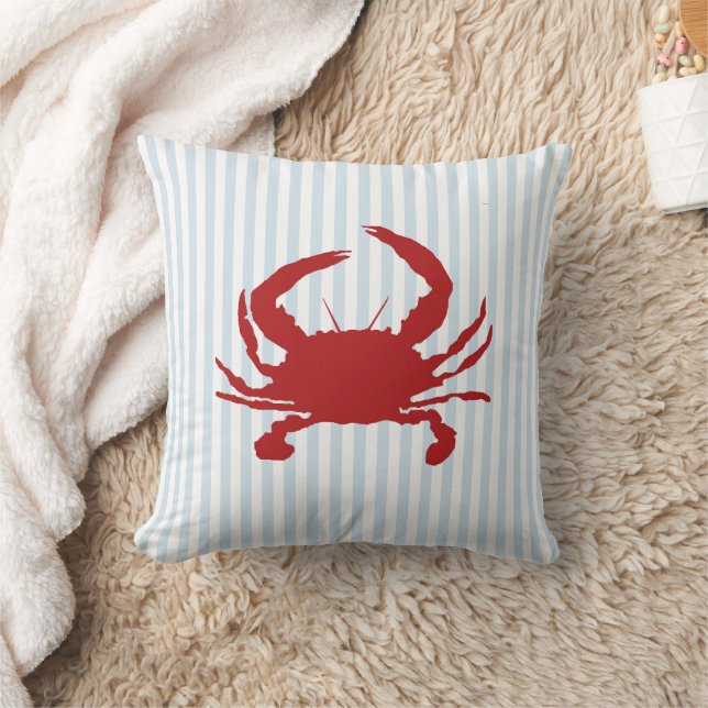 Red Crab Nautical Blue Stripe Painting Throw Pillow (Blanket)
