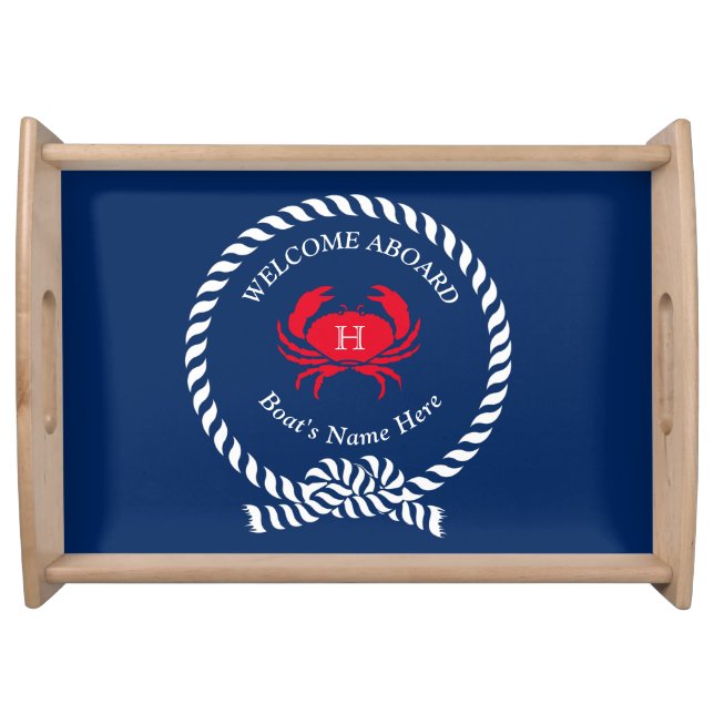 Red Crab Nautical Solid Navy Blue  Boat  Serving Tray (Front)
