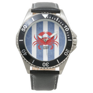 Red Crab on Blue Denim Stripes Watch