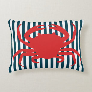 Red Crab on Nautical Stripes Decorative Pillow