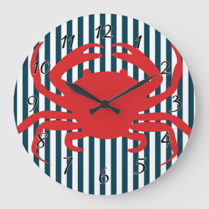 Red Crab on Nautical Stripes Large Clock