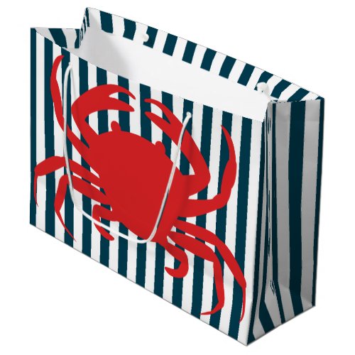 Red Crab on Nautical Stripes Large Gift Bag