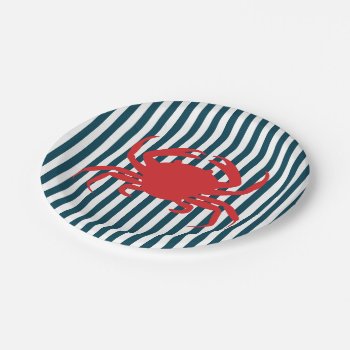 Red Crab On Nautical Stripes Paper Plates by WanderingWonders at Zazzle