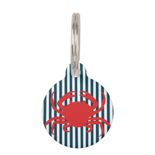Red Crab on Nautical Stripes Pet ID Tag
