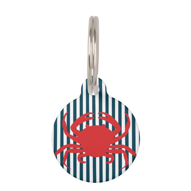 Red Crab on Nautical Stripes Pet ID Tag (Front)