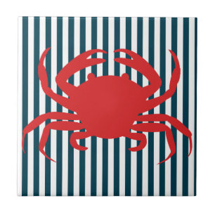 Red Crab on Nautical Stripes Tile