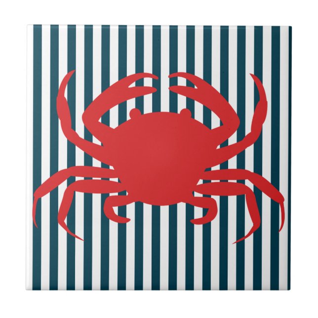 Red Crab on Nautical Stripes Tile (Front)