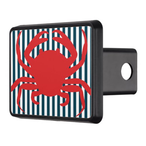 Red Crab on Nautical Stripes Trailer Hitch Cover
