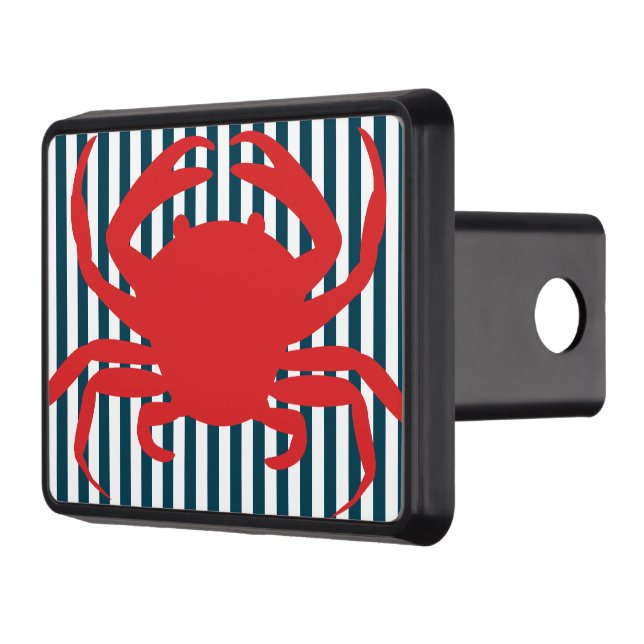 Red Crab on Nautical Stripes Trailer Hitch Cover (Left)