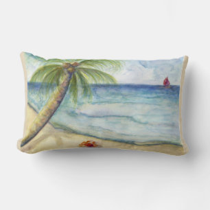 Red Crab on Sand Beach Sailing palm tree HomeDecor Lumbar Pillow