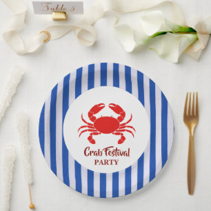 Red Crab Seafood Nautical Blue navy Stripes Party Paper Plates