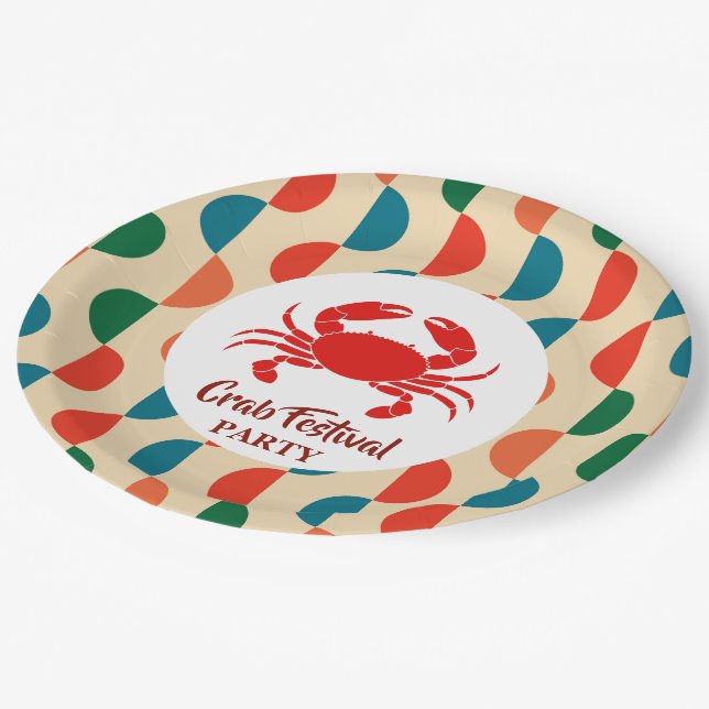Red Crab Seafood  Nautical Stripes geometric Party Paper Plates (Angled)