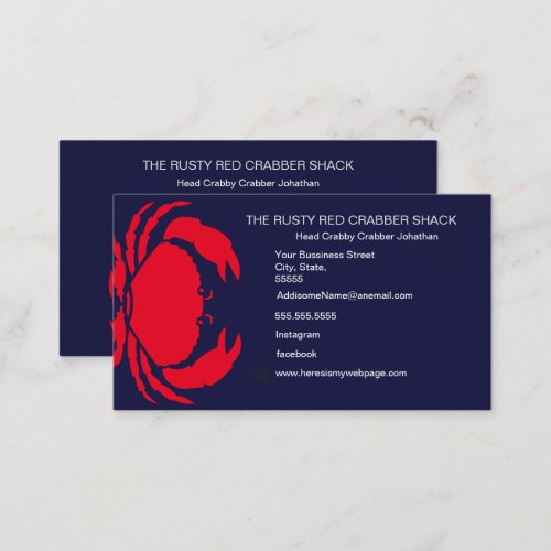 Red Crab Seafood Navy Blue White Simple Nautical B Business Card