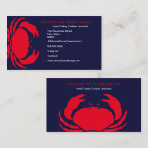 Red Crab Seafood Navy Blue White Simple Nautical Business Card
